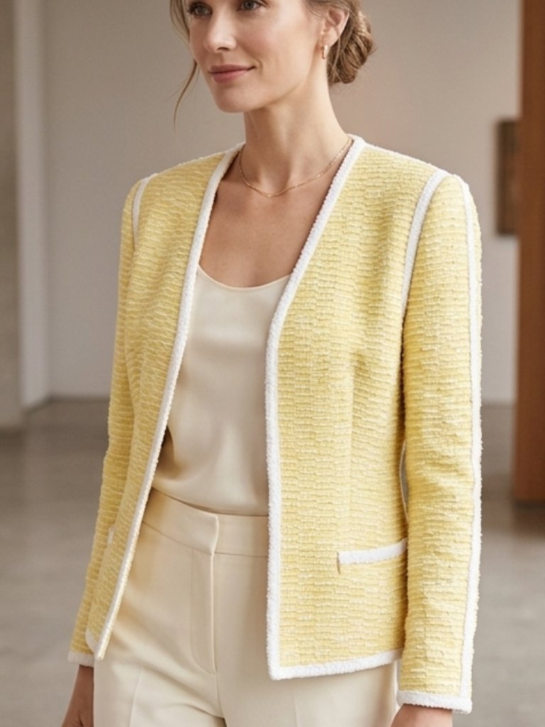 Vtg Escada Yellow Tweed Jacket With White Trim Size 36